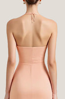 Load image into Gallery viewer, Peach A Line Deep V-Neck Ruched Long Formal Dress