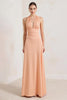 Load image into Gallery viewer, Peach A Line Deep V-Neck Ruched Long Formal Dress