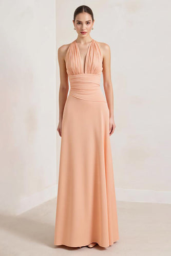 Peach A Line Deep V-Neck Ruched Long Formal Dress