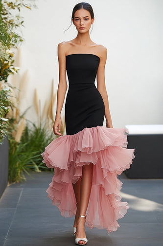 Black and Pink Sheath Strapless Ruffled Long Formal Dress