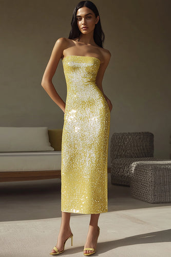 Sparkly Yellow Strapless Sequin Sheath Long Formal Dress