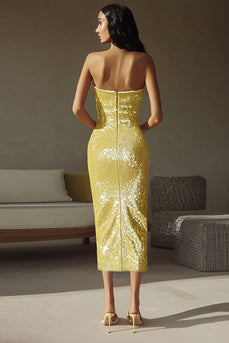 Sparkly Yellow Strapless Sequin Sheath Long Formal Dress
