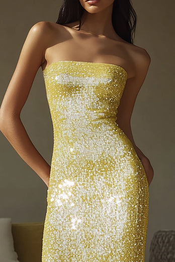 Sparkly Yellow Strapless Sequin Sheath Long Formal Dress