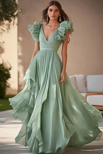 Light Green Chiffon A-Line Ruched Long Formal Dress