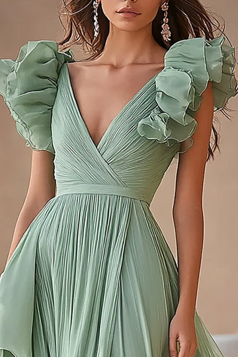 Light Green Chiffon A-Line Ruched Long Formal Dress
