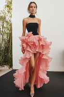Load image into Gallery viewer, Black and Pink Chiffon High Low Strapless Tiered Formal Dress
