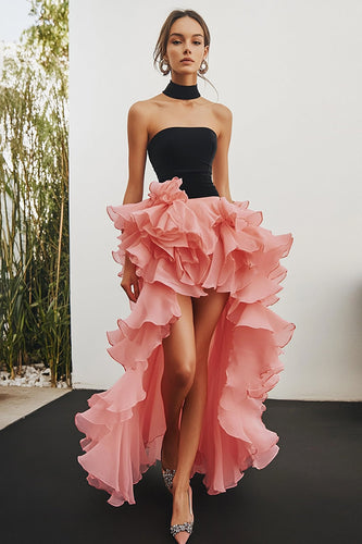 Black and Pink Chiffon High Low Strapless Tiered Formal Dress