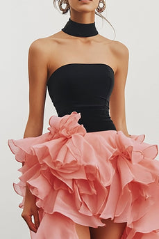 Black and Pink Chiffon High Low Strapless Tiered Formal Dress