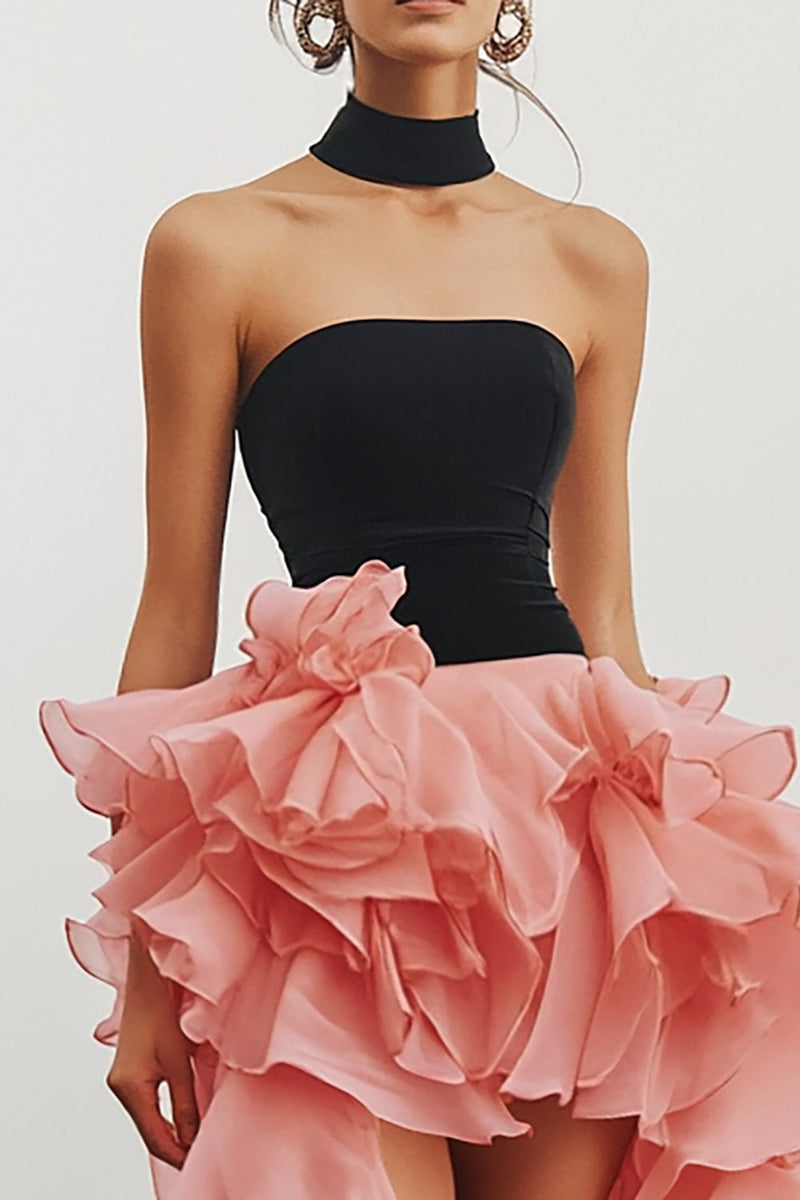 Load image into Gallery viewer, Black and Pink Chiffon High Low Strapless Tiered Formal Dress
