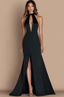 Load image into Gallery viewer, Black Halter Neck Satin Cut Out Mermaid Formal Dress with Slit