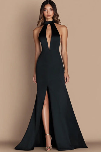 Black Halter Neck Satin Cut Out Mermaid Formal Dress with Slit