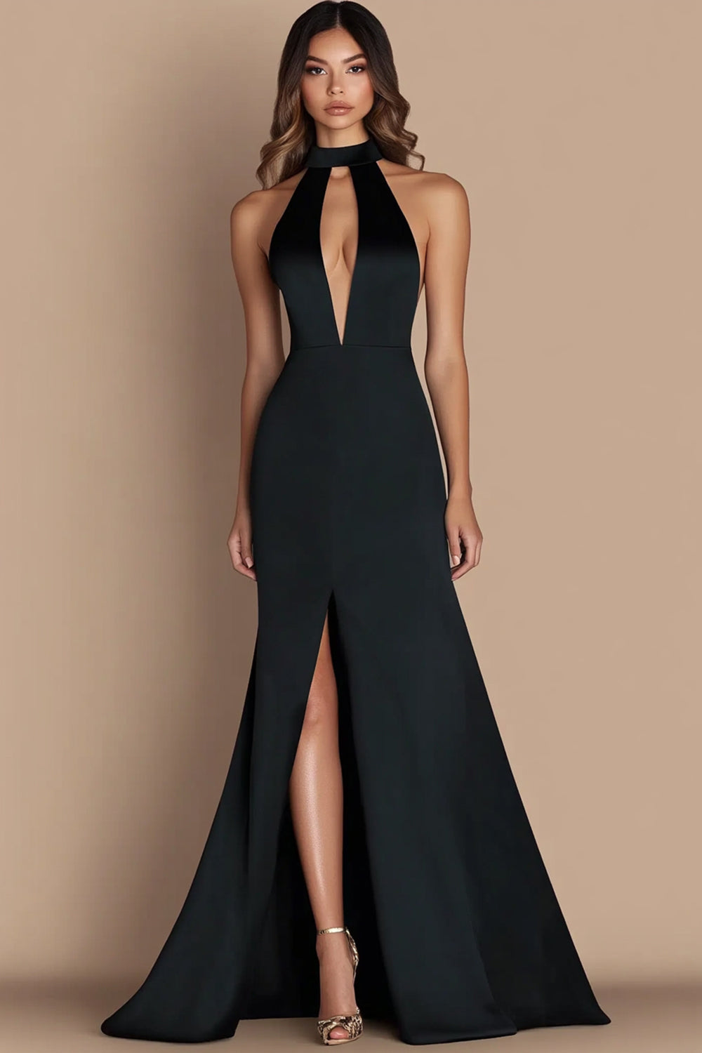 Black Halter Neck Satin Cut Out Mermaid Formal Dress with Slit
