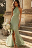 Load image into Gallery viewer, Queendancer Women Dusty Sage Sheath Chiffon Maxi Formal Dress with Slit Halter Pleated Halter Neck Long Weeding Guest Dress