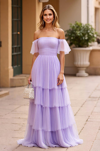 Lilac Off the Shoulder Tiered A Line Long Formal Dress