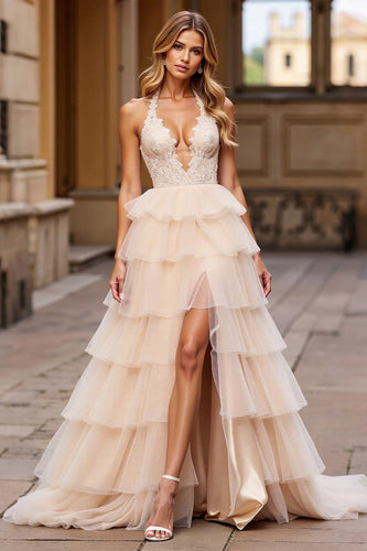 Pink Tulle Ball Gown Tiered Long Formal Dress with Appliques