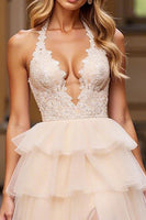 Load image into Gallery viewer, Pink Tulle Ball Gown Tiered Long Formal Dress with Appliques