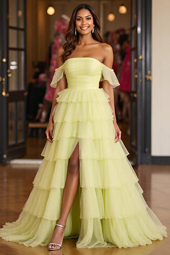 Lemon Yellow Tulle Ball Gown Tiered Long Formal Dress with Slit