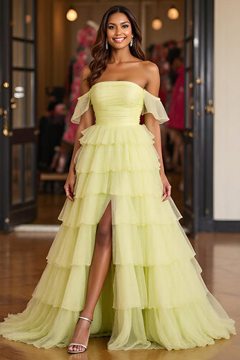 Lemon Yellow Tulle Ball Gown Tiered Long Formal Dress with Slit