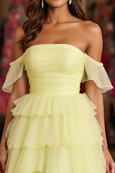 Lemon Yellow Tulle Ball Gown Tiered Long Formal Dress with Slit