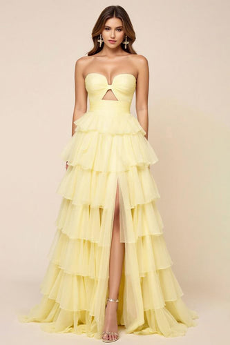 Daffodil Ball Gown Ruffled Keyhole Long Formal Dress with Slit
