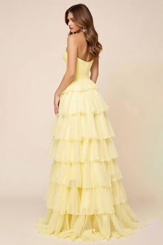 Daffodil Ball Gown Ruffled Keyhole Long Formal Dress with Slit