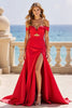 Load image into Gallery viewer, Red A-Line Satin Cut-Out Long Formal Dress with Slit