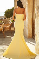 Load image into Gallery viewer, Yellow Satin Mermaid Strapless Long Formal Dress with Slit
