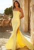 Load image into Gallery viewer, Yellow Satin Mermaid Strapless Long Formal Dress with Slit