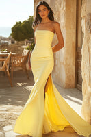 Load image into Gallery viewer, Yellow Satin Mermaid Strapless Long Formal Dress with Slit
