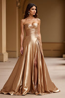 Load image into Gallery viewer, Gold Metallic A Line Sweetheart Long Formal Dress with Slit