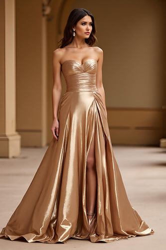 Gold Metallic A Line Sweetheart Long Formal Dress with Slit