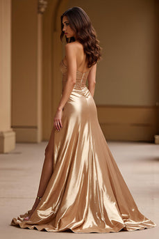 Gold Metallic A Line Sweetheart Long Formal Dress with Slit