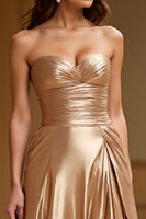 Load image into Gallery viewer, Gold Metallic A Line Sweetheart Long Formal Dress with Slit