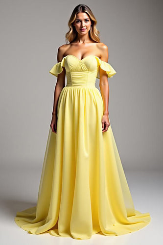 Light Yellow Off the Shoulder Chiffon Long Ball Gown Formal Dress