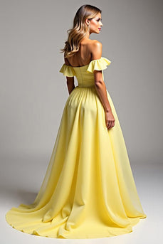 Light Yellow Off the Shoulder Chiffon Long Ball Gown Formal Dress