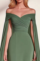 Load image into Gallery viewer, Eucalyptus Off the Shoulder Mermaid Long Formal Dress with Cape
