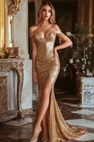 Load image into Gallery viewer, Sparkly Gold Sequin Mermaid Long Formal Dress with Slit
