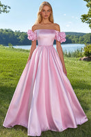 Load image into Gallery viewer, Pink Satin Off the Shoulder Ball Gown Long Formal Dress