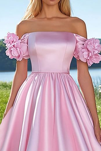 Pink Satin Off the Shoulder Ball Gown Long Formal Dress