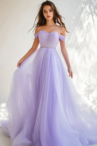 Lilac Tulle Beaded Off the Shoulder Ball Gown Long Formal Dress