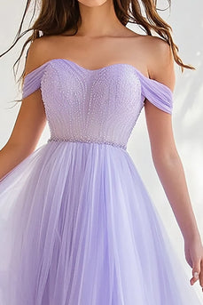 Lilac Tulle Beaded Off the Shoulder Ball Gown Long Formal Dress