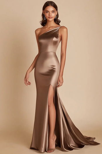 Coffee Satin Mermaid One Shoulder Long Formal Dress with Slit