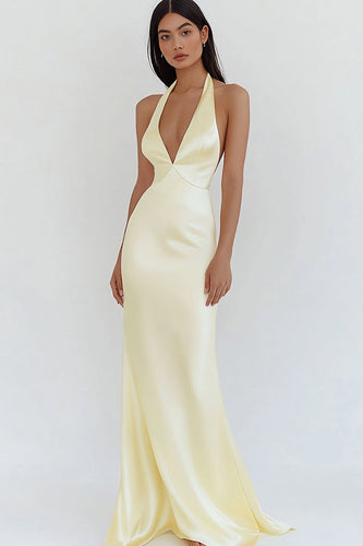 Daffodil Satin Sheath Halter Long Formal Dress