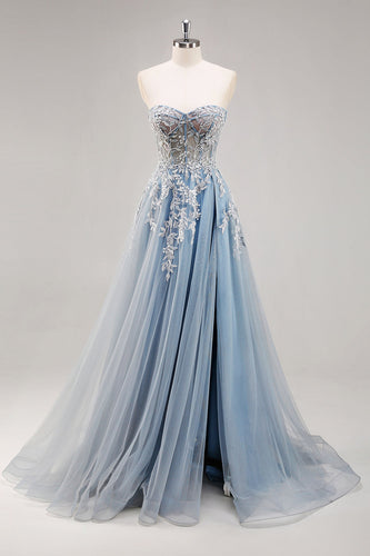 Dusty Blue Tulle A Line Strapless Corset Long Formal Dress with Slit