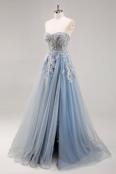 Dusty Blue Tulle A Line Strapless Corset Long Formal Dress with Slit