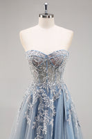 Load image into Gallery viewer, Dusty Blue Tulle A Line Strapless Corset Long Formal Dress with Slit