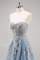 Load image into Gallery viewer, Dusty Blue Tulle A Line Strapless Corset Long Formal Dress with Slit