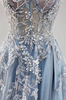 Load image into Gallery viewer, Dusty Blue Tulle A Line Strapless Corset Long Formal Dress with Slit