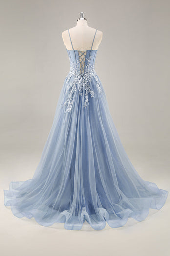 Dusty Blue Tulle A Line Strapless Corset Long Formal Dress with Slit