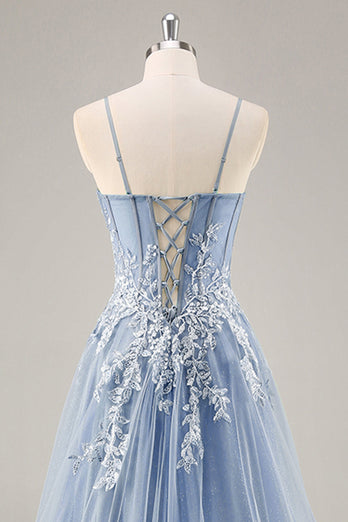 Dusty Blue Tulle A Line Strapless Corset Long Formal Dress with Slit